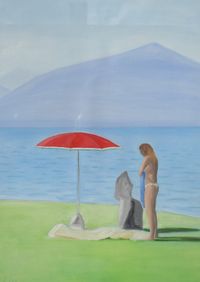 Frau mit rotem Schirm (Chiemsee)